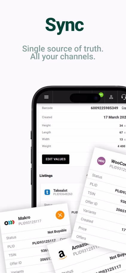 Sync in the Palmetrics app: one listing shared across every connected channel